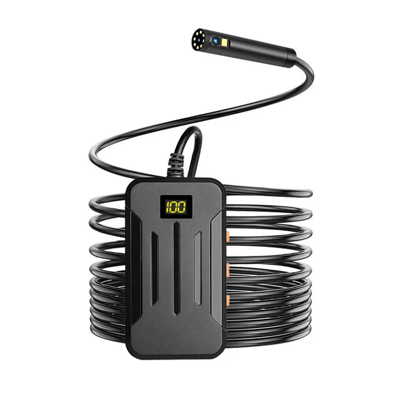 F300 wireless dual lens endoscope with 5.5mm and 8mm probes, magnet, hook, and smartphone display