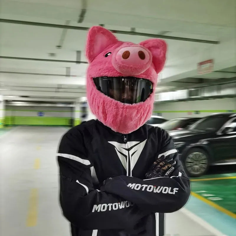 Pink cartoon pig plush hood for motorcycle helmet protection made from PV velvet cloth.