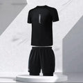 Men's patterned polyester swimsuit set showing top and swimming trunks, available in plus sizes.