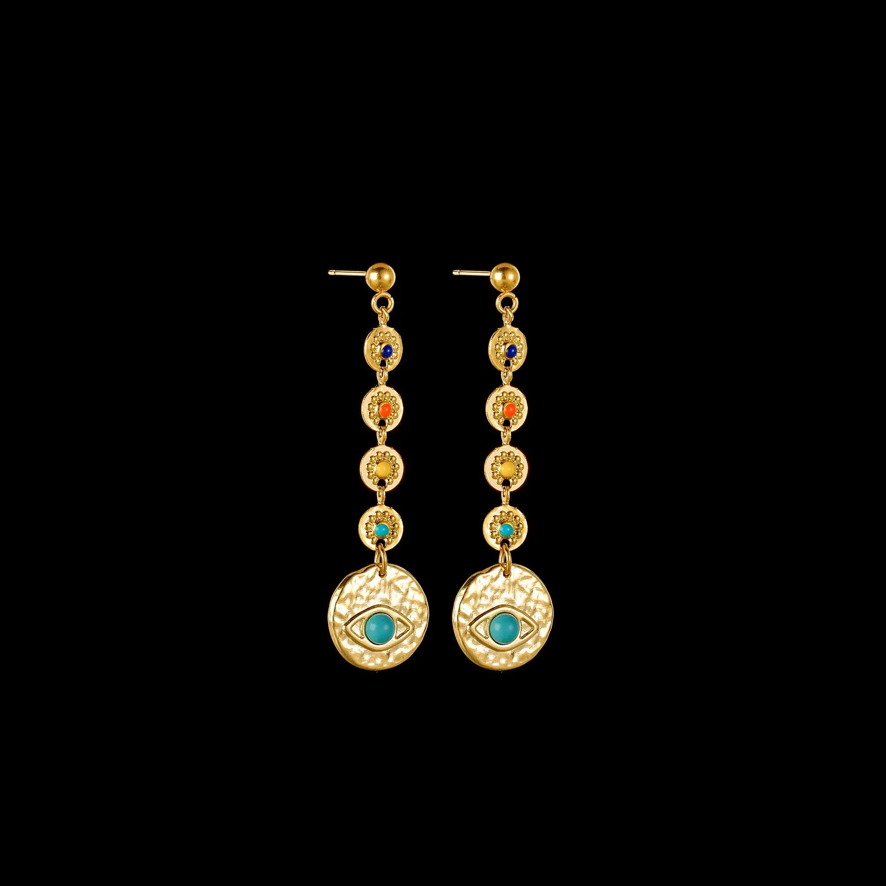 Geometric stainless steel earrings showing eight awn star, eye, and shell sun design options