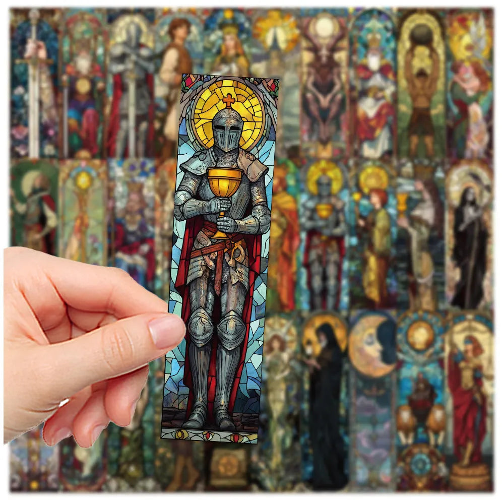 Pack of 30 colourful painted glass tarot bookmarks with cute illustrations on paper.