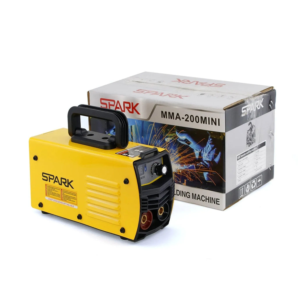 MMA-200MIN DC welding machine with welding tongs, grounding clamp, face shield and brush hanger