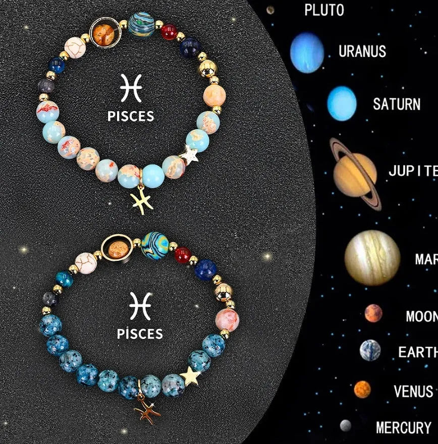 Two natural stone beaded bracelets showing zodiac symbols on a 20cm adjustable cord.