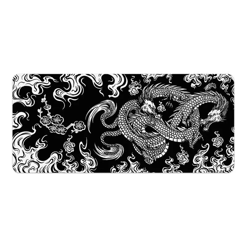 Esports dragon pattern cloth gaming mouse pad on a desk, showing non-slip backing and thermal transfer print detail.