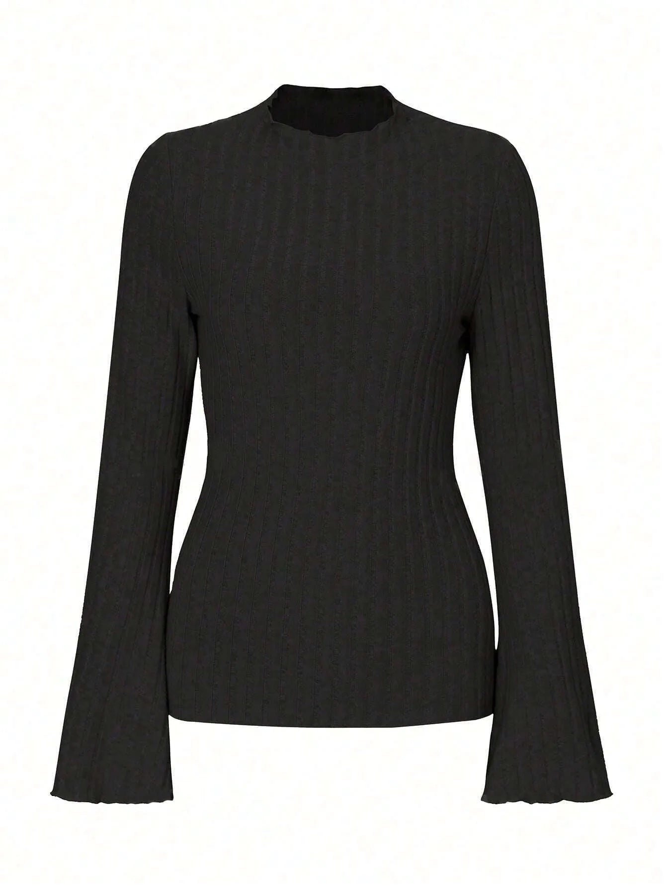 Men's black long sleeve pullover top with lantern sleeves and a sunken stripe pattern on the fabric.