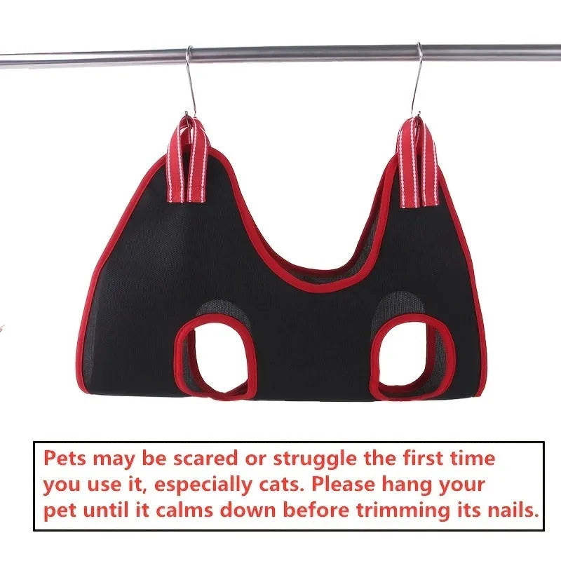 Pet grooming hammock restraint bag hanging with adjustable straps for nail trimming and bathing procedures