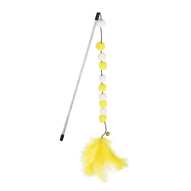 Grey, yellow, and blue cat teaser toy rod with feather, pompon, and bell measuring 31cm.
