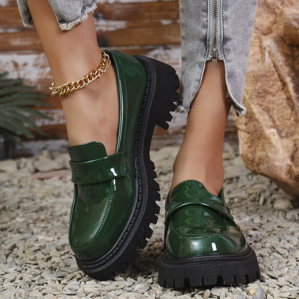 Women's plus size slip-on loafers with chunky platform heel in black, green or wine red