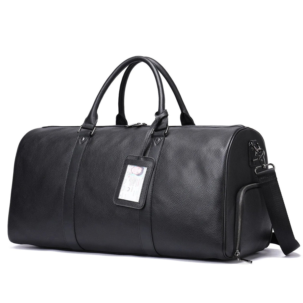 Men's black leather excursion tote bag with a single shoulder strap shown next to a coffee brown version.