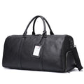 Men's black leather excursion tote bag with a single shoulder strap shown next to a coffee brown version.
