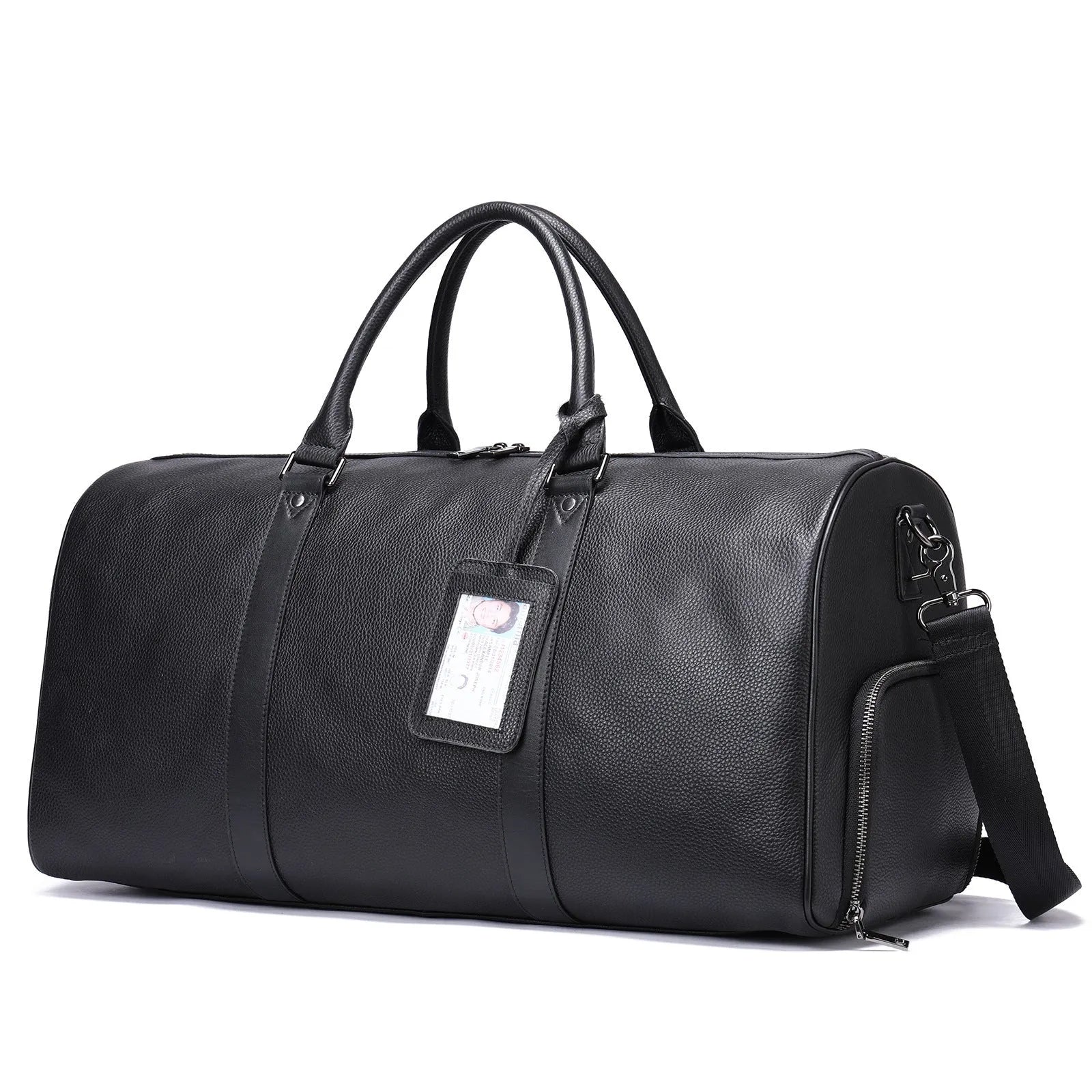 Men's black leather excursion tote bag with a single shoulder strap shown next to a coffee brown version.