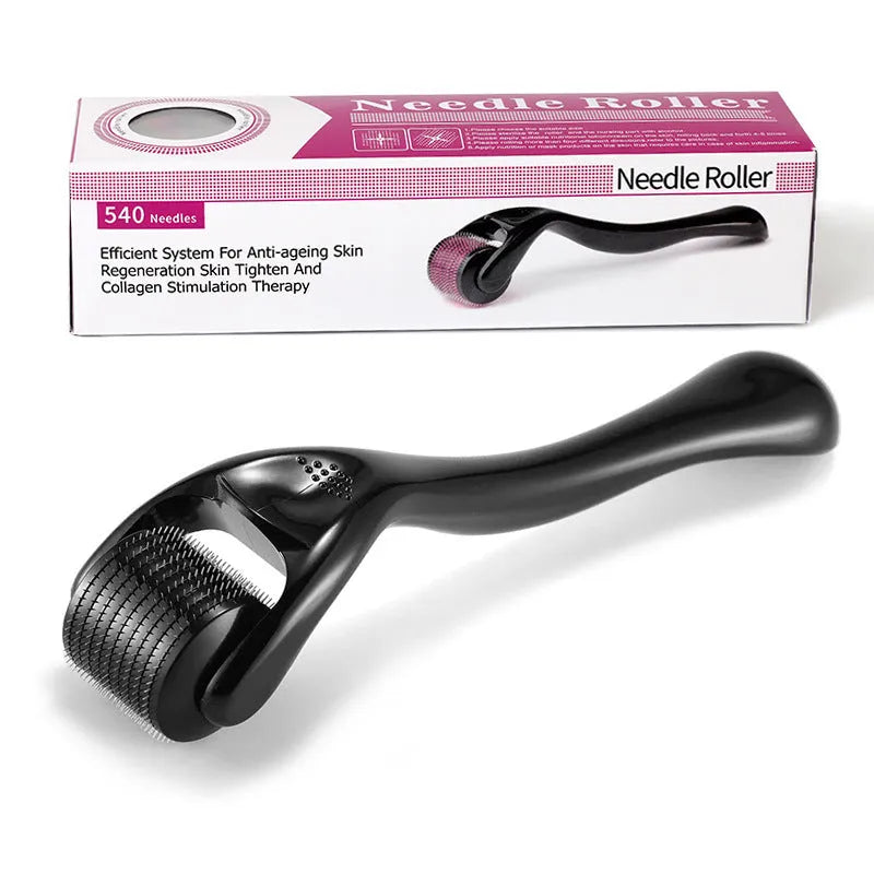 Derma roller with titanium needles for face and scalp, showing black and purple handle options.