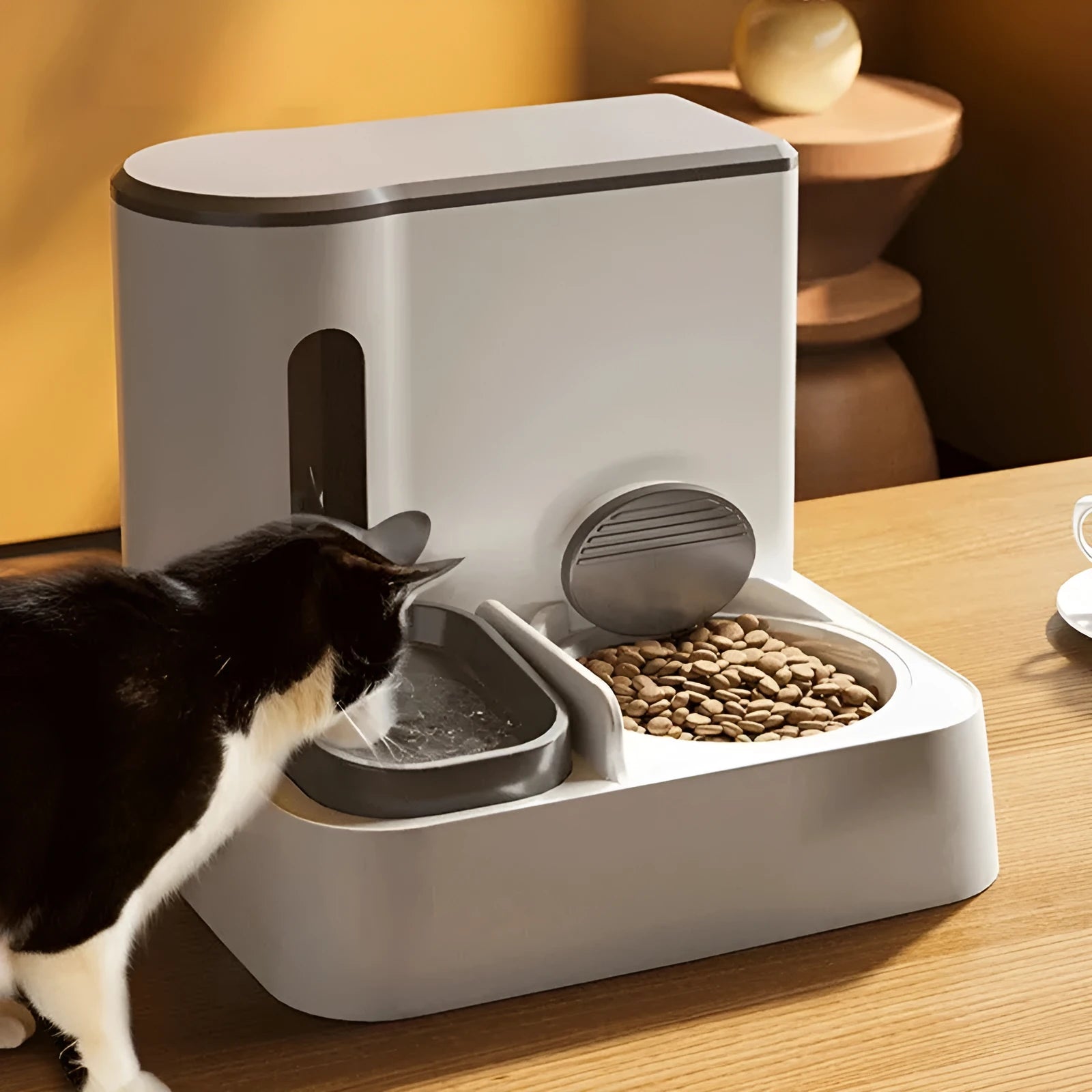 Cat automatic feeder water dispenser with integrated double bowl system in grey, yellow or green