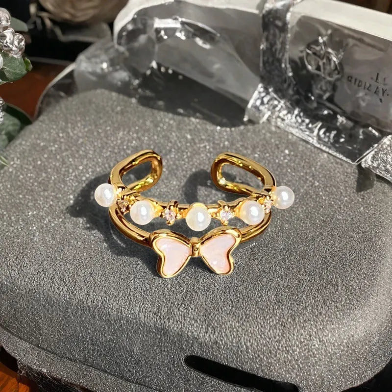 Adjustable copper ring with gourd motif, flower and bow shapes, zircon stones in six colour options