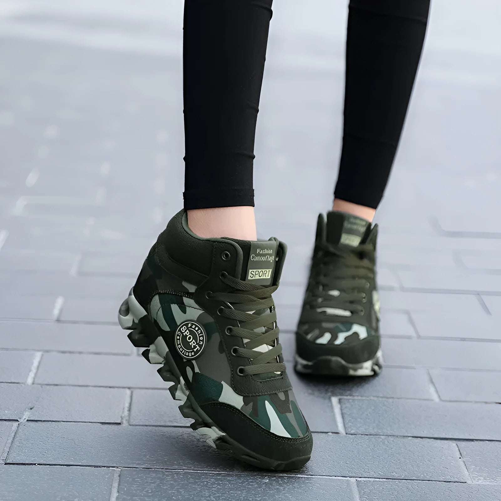 Women's green canvas sneakers with camouflage print detail and rubber sole