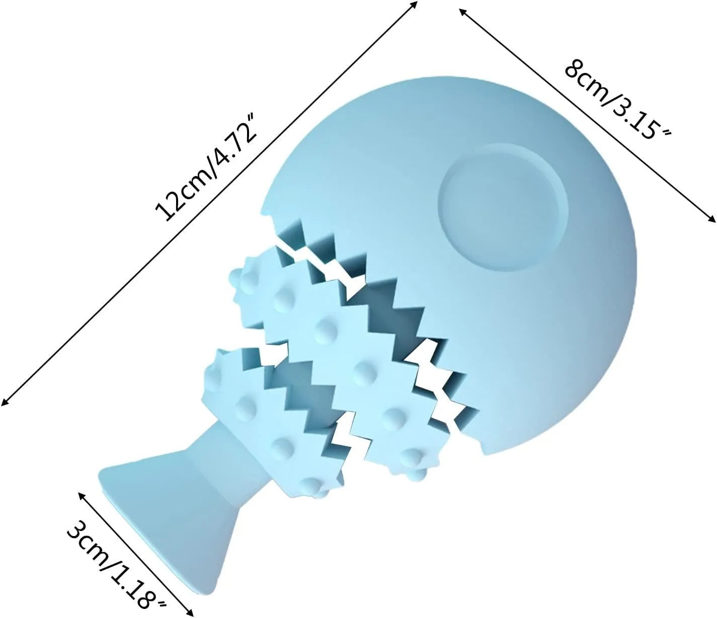 Blue fish bone shaped dog chew toy with a visible treat hole on a white background.