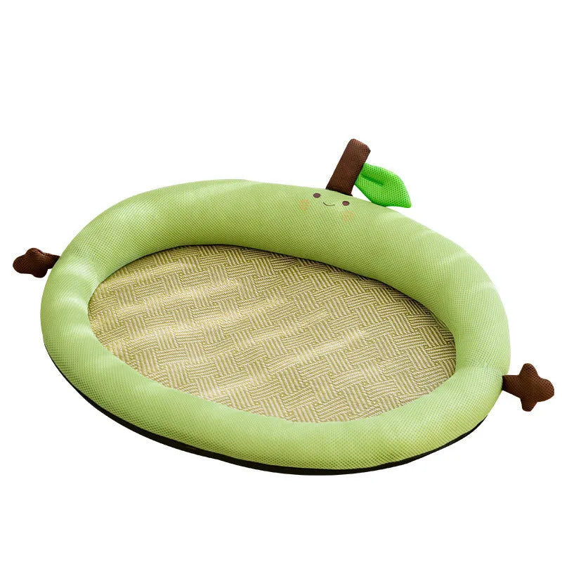 Green large pet bed nest with a raised fruit-shaped backrest for dogs on a wooden floor.