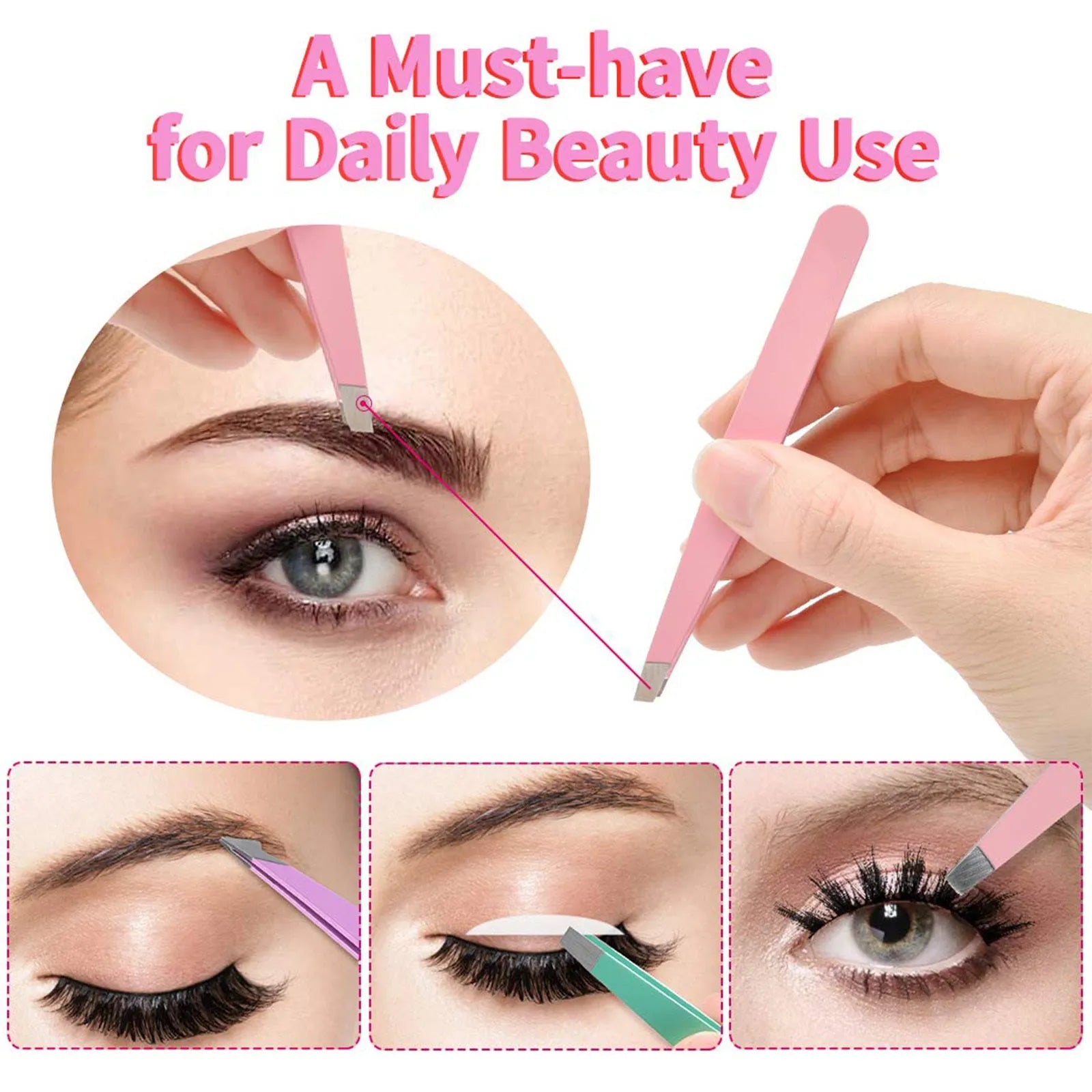 Professional stainless steel eyebrow tweezers set with curved scissors, brush, and leather case.