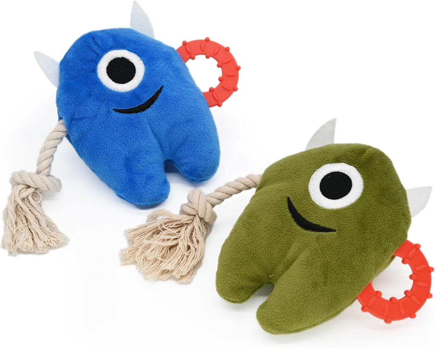Blue and green monster design plush dog toy with integrated cotton rope tug handles and squeaker inside.