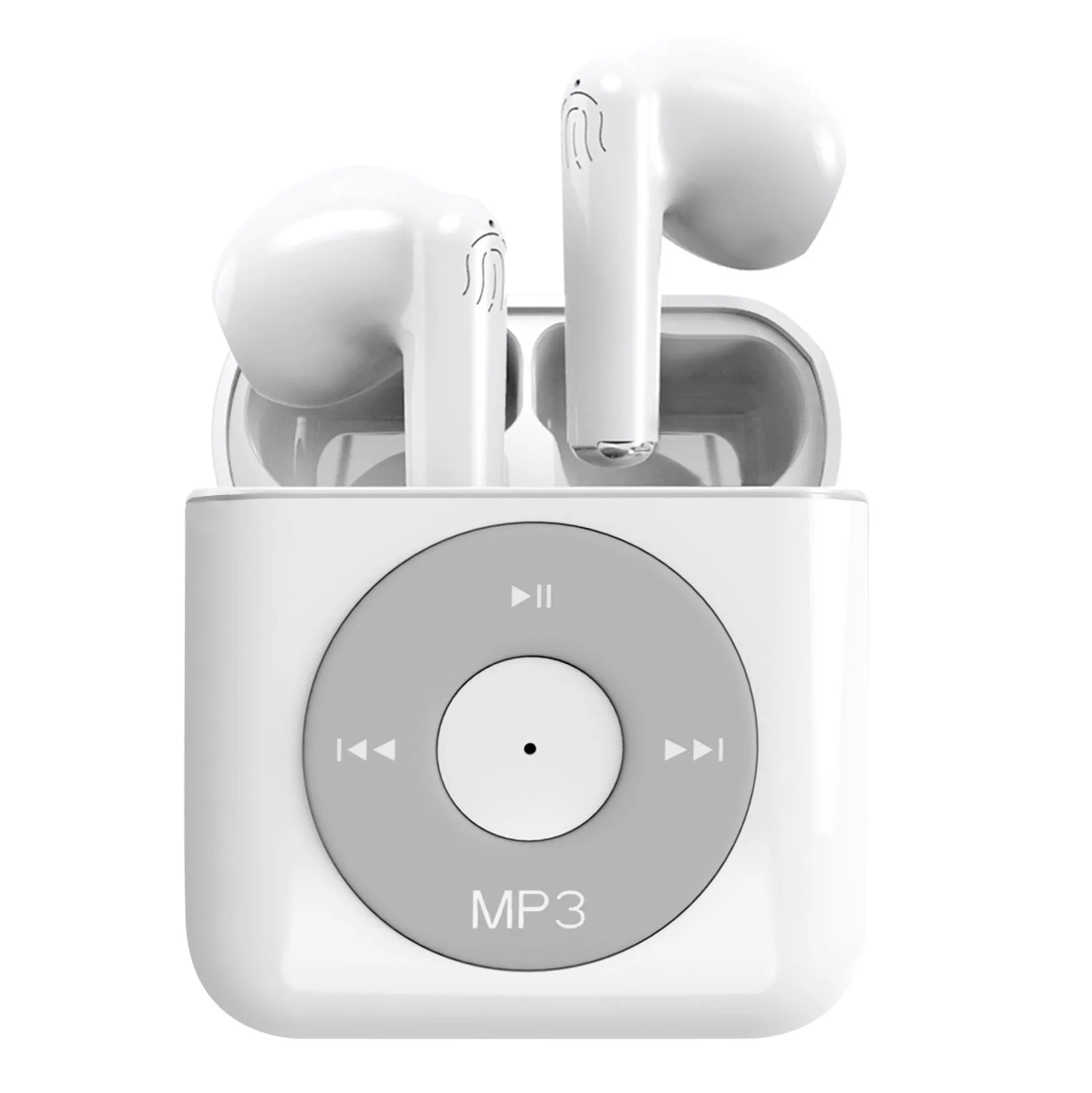 White wireless Bluetooth earphones with charging case showing semi in-ear design