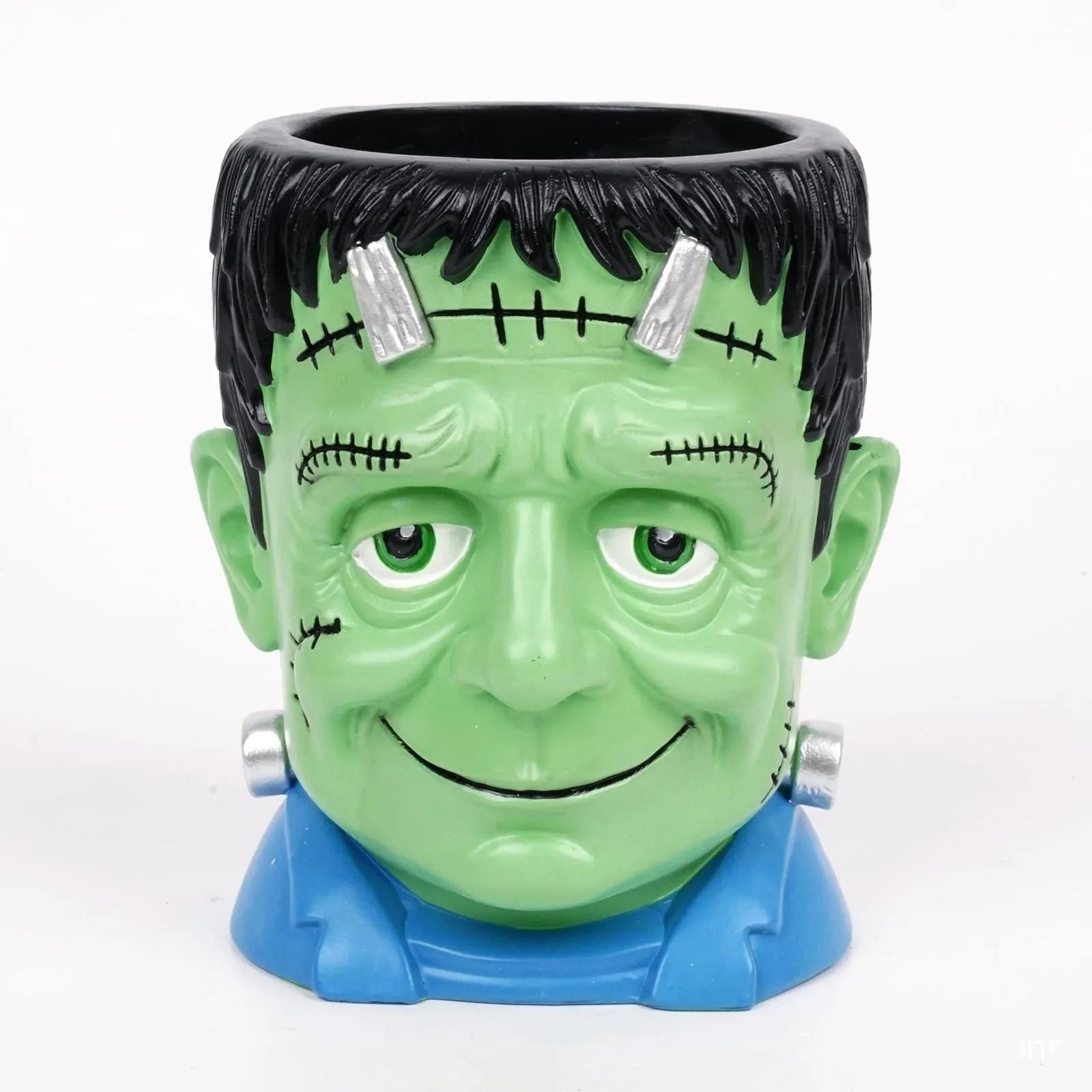 Hand-painted Halloween resin flower pot decorations showing bandage zombie, death, Frankenstein, and white ghost cartoon designs