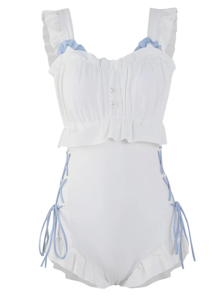 Women's Milky White sleeveless backless one-piece swimsuit on a solid background.