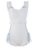 Women's Milky White sleeveless backless one-piece swimsuit on a solid background.
