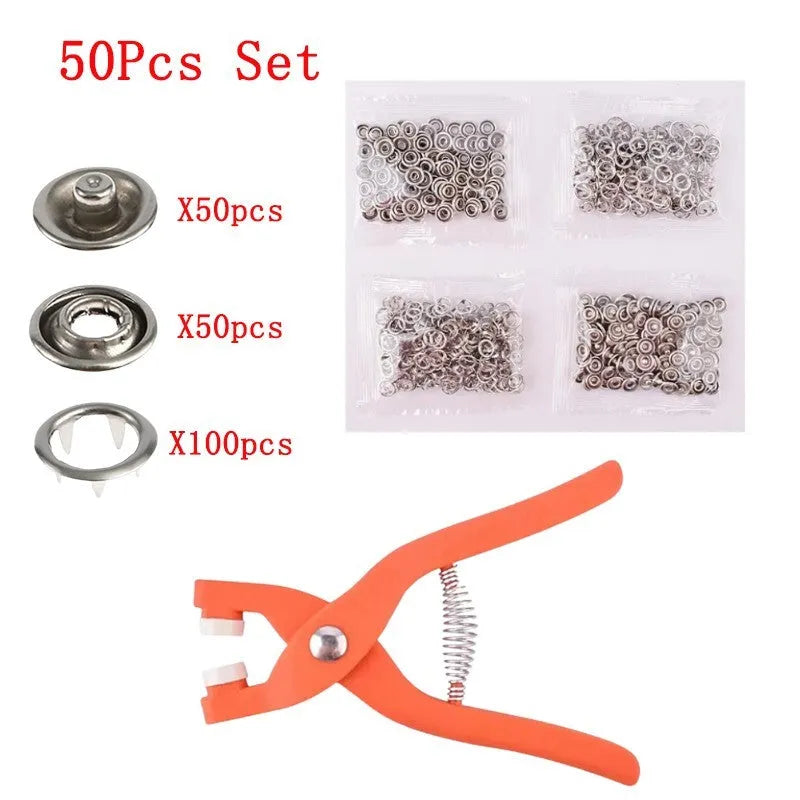 Stainless steel five claw no-sew suit buttons with pliers tool for children's clothing.