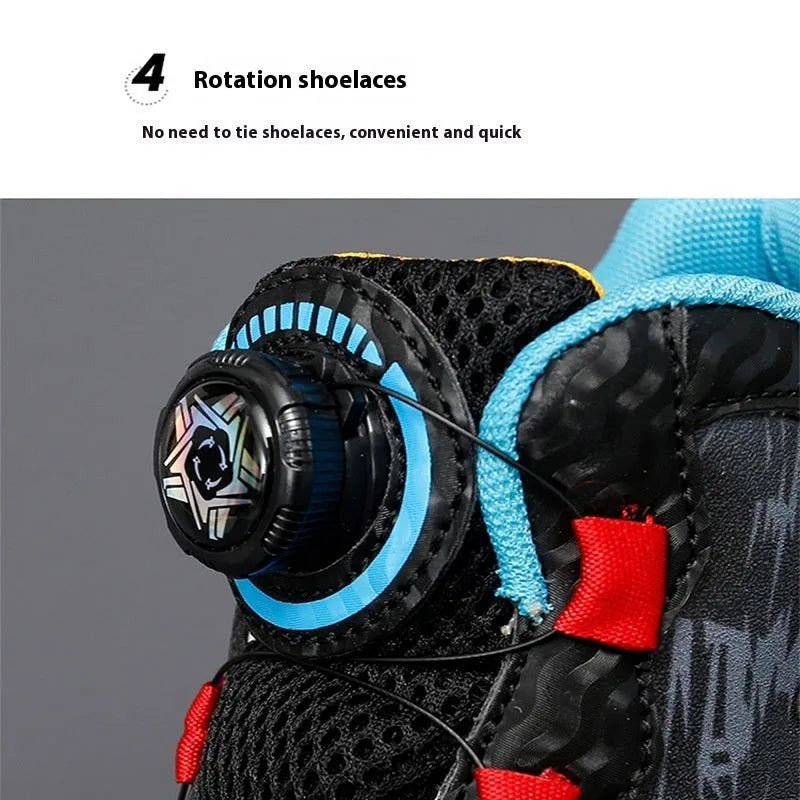 Children's basketball shoes with rotating button fastening in multiple colours, showing synthetic leather upper and PU sole