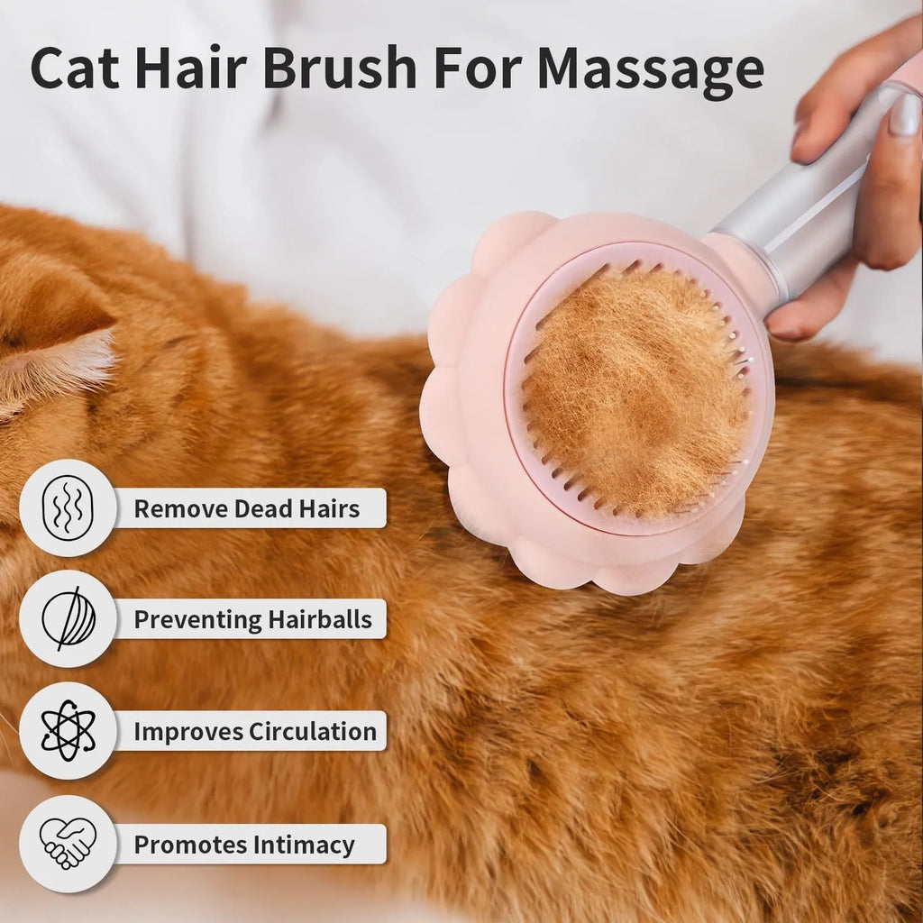 Grey spray cat brush with release button and stainless steel bristles for pet grooming