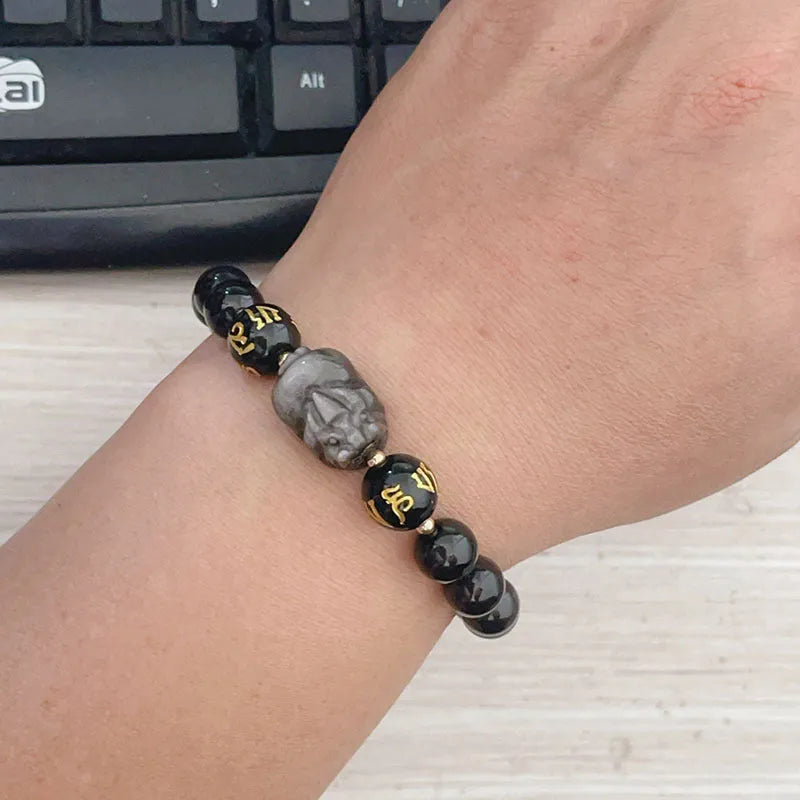 Men's silver bracelet with zodiac symbols and Chinese proverb beads on Silverstone
