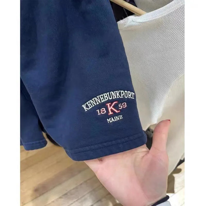 Women's dark blue cotton high top sports shorts with white flag embroidery