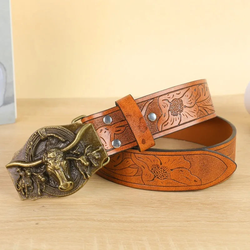 Men's black imitation leather belt with detailed cow head alloy buckle and pin closure
