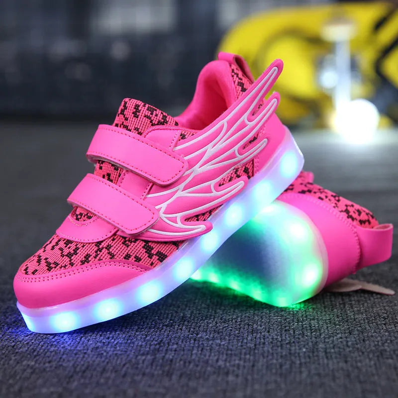 Children's plum red and white USB-rechargeable light-up sneakers with colourful LED lights.