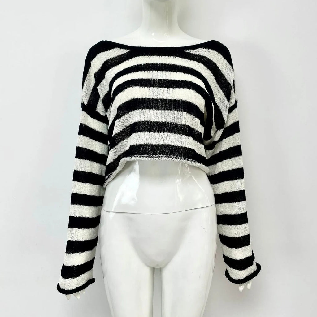 Women's striped long-sleeved sweater with exposed navel detail in mercerised cotton