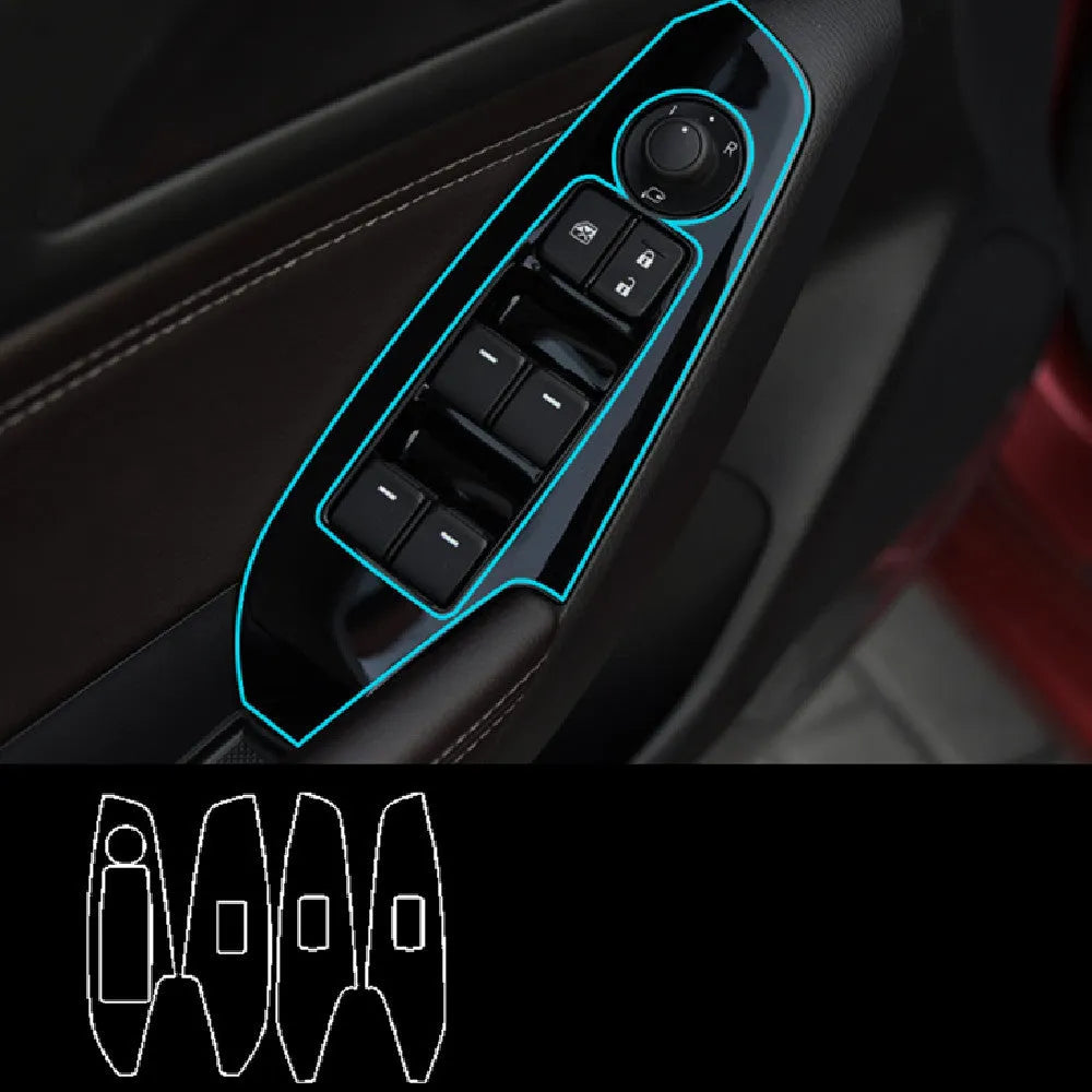 Four TPU protective films for car door control panel glass switches on 2014-2019 vehicles