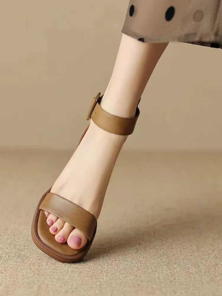 Women's retro ankle-strap platform high heels in white or khaki with round toe design