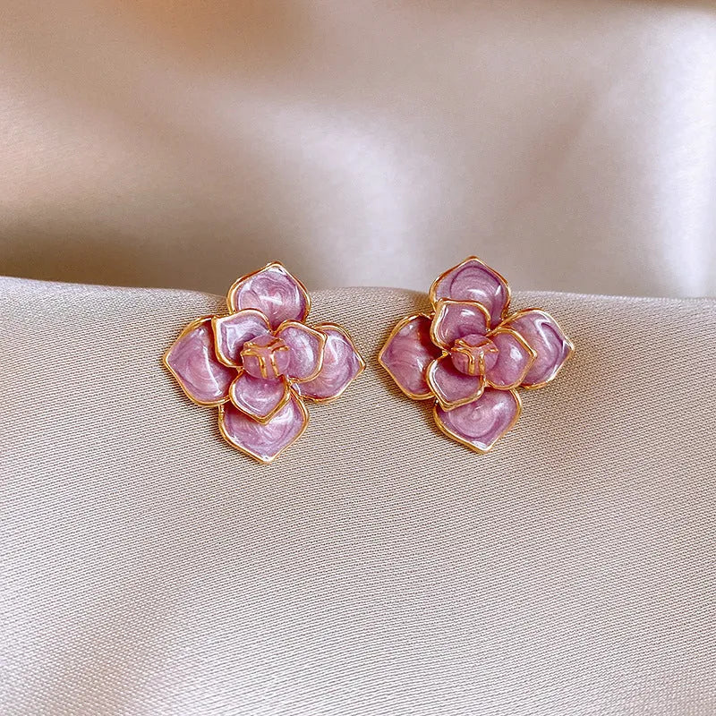 Gold plated purple oil-spot glaze flower stud earrings on copper with fresh style design