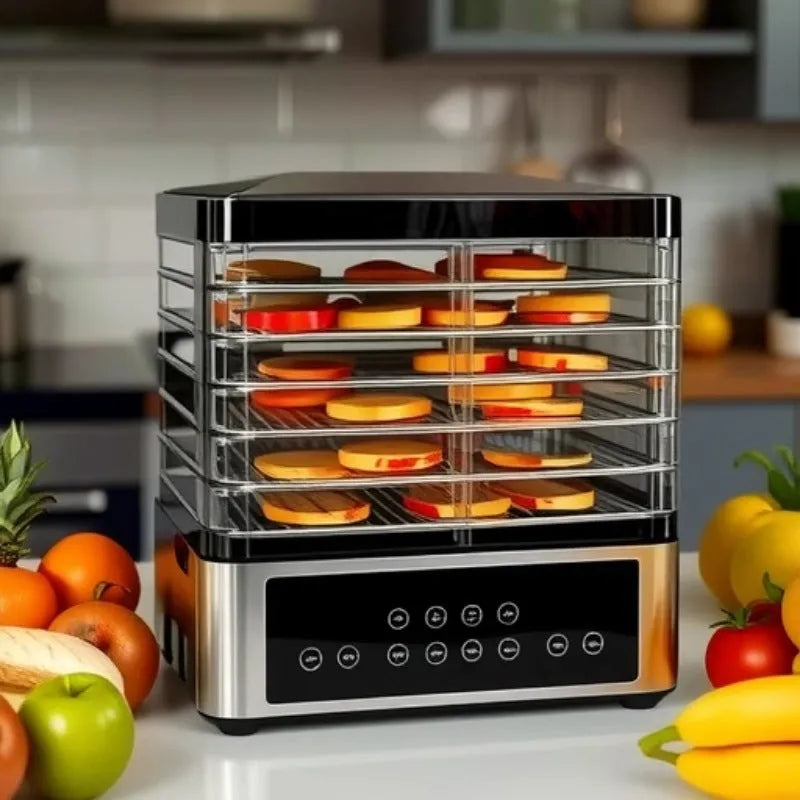 Silver stainless steel household fruit dehydrator with 14 litre capacity and temperature control dial