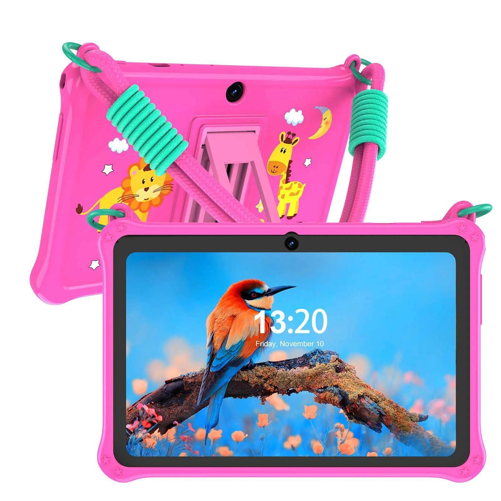 Sapphire blue silicone protective case for a 7-inch children's tablet, showing the flat strap handle.