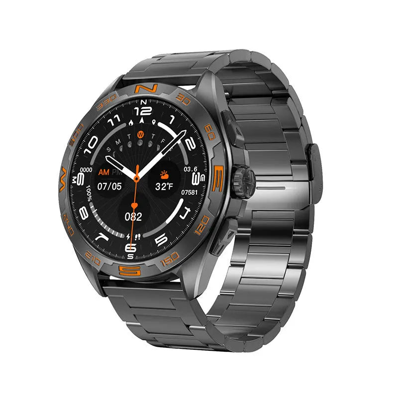 Smart watch with health monitoring sensors and touchscreen display.