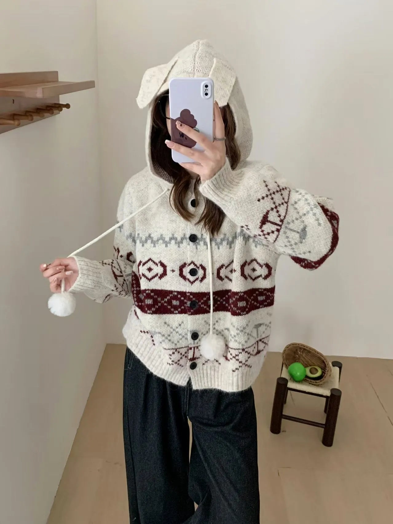 Geometric pattern brocade sweater coat in milky white loose fit plus size women's outerwear