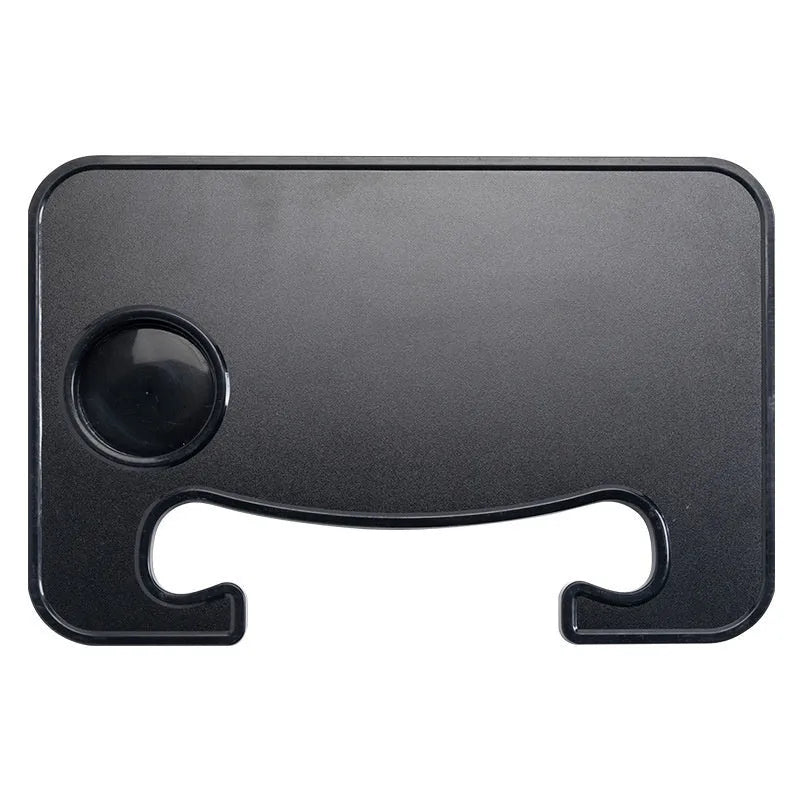 Large black ABS car steering wheel laptop stand with integrated foldable cup holder, mounted on a car steering wheel.