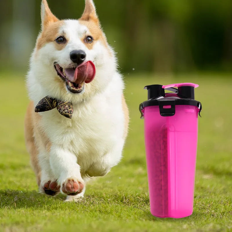 Portable dog water bottle and food storage container in assorted colours showing water and food compartments