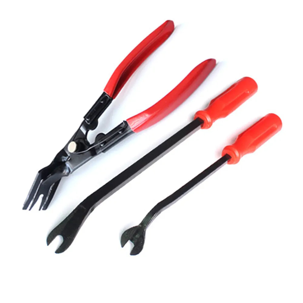 Red-handled automotive clip driver tool for GM door panel repairs with light switch pliers