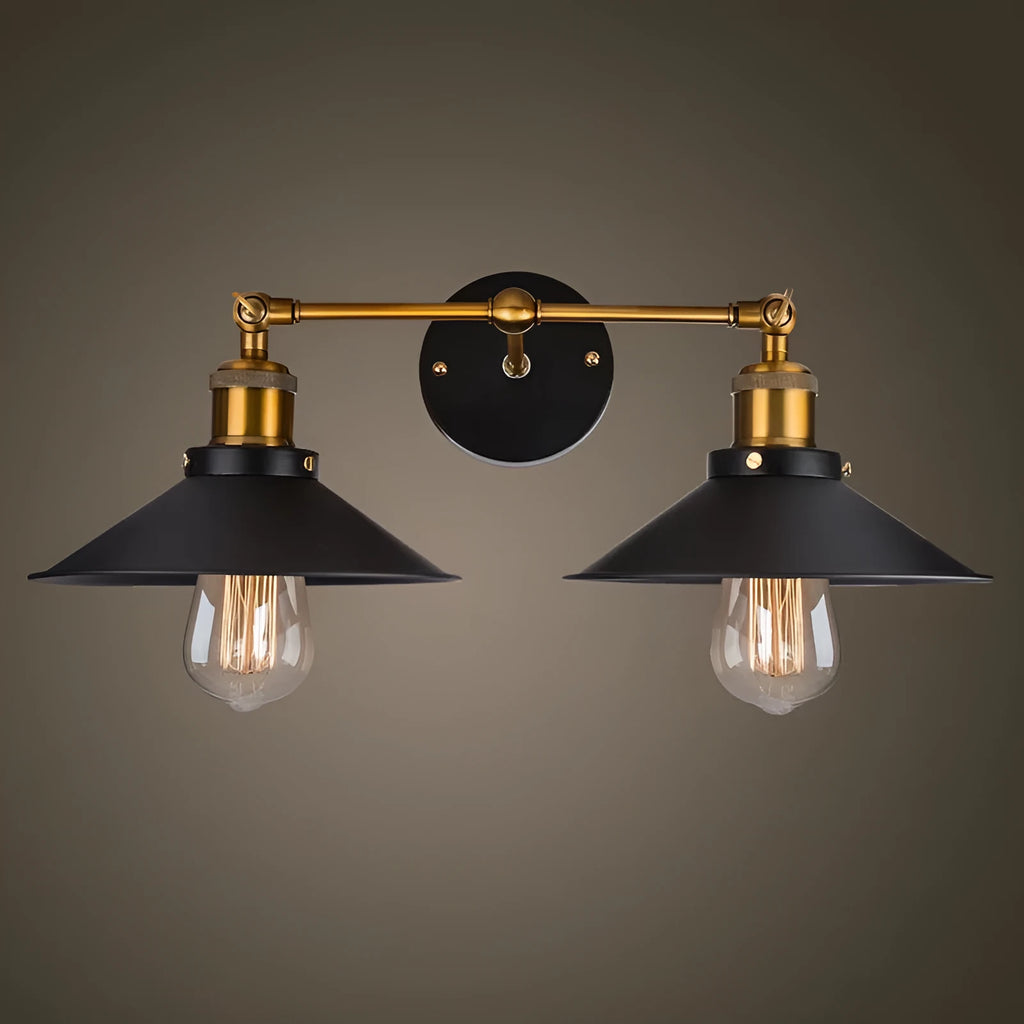 Black iron retro industrial style wall lamp with two adjustable light heads.