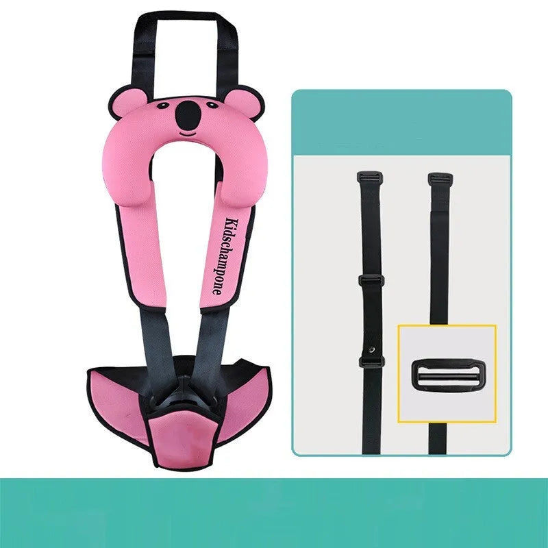Cute Number One portable child car seat belt retainer in rose pink, shown on a car seat.