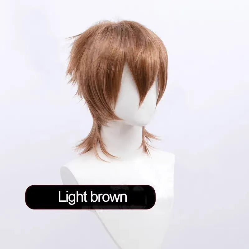 Short black and red anime cosplay wig for men with a lengthened hair tail.