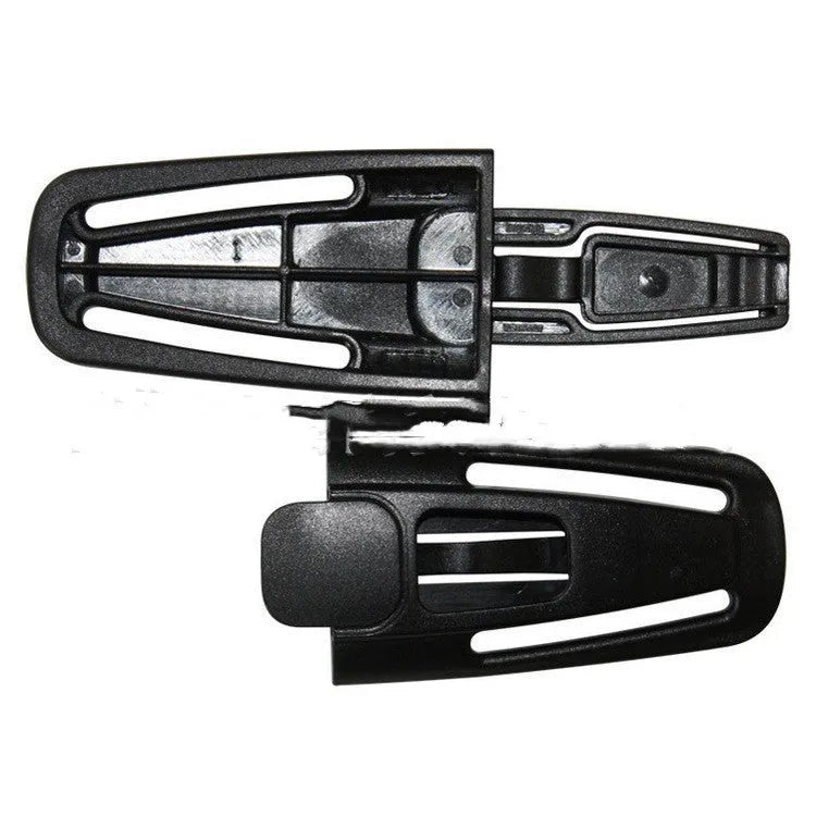 Black nylon seat belt buckle for child car seat harness, shown with a 5-point strap diagram.