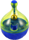 Interactive pet treat dispenser tumble ball toy measuring 14x10x10cm for dogs and cats